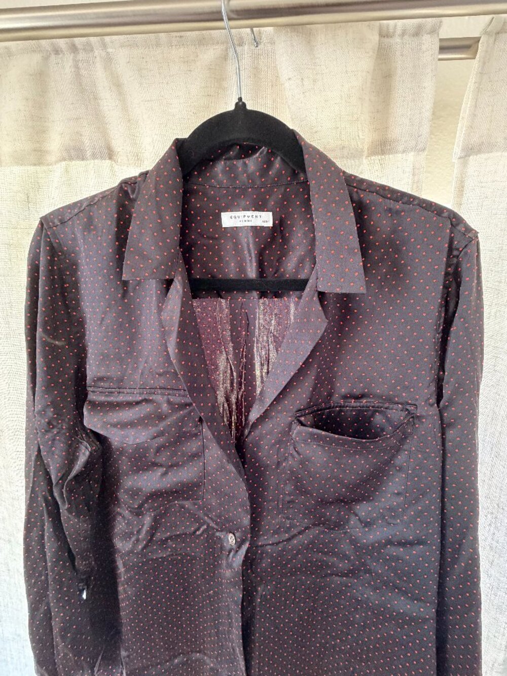 Equipment Femme 100% Silk Black Red Polka Dot Blouse Size M